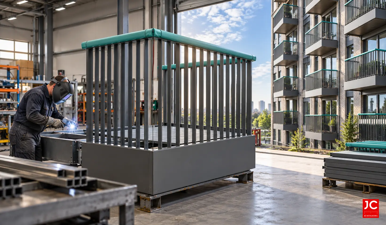 Prefabricated balcony module being manufactured for a high-rise development