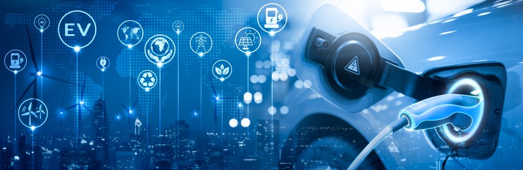 Electric car charging with data points showcasing the benefits