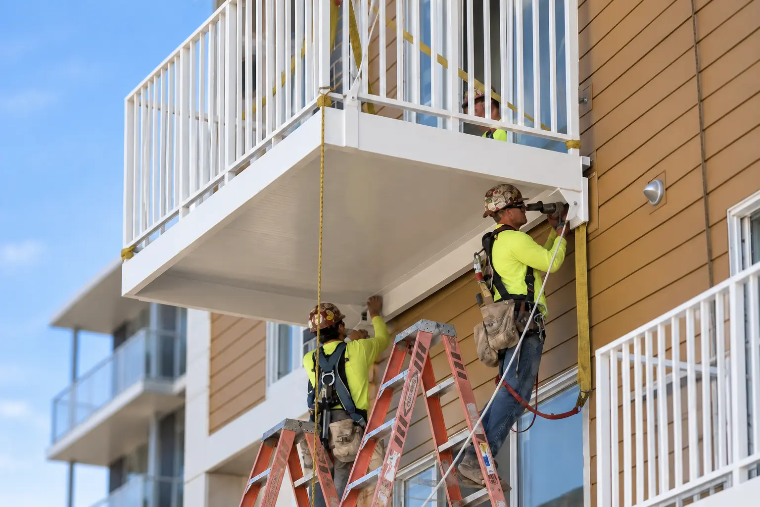 bolt-on-prefabricated-balcony-installation Workers installing a bolt-on prefabricated balcony onto a building