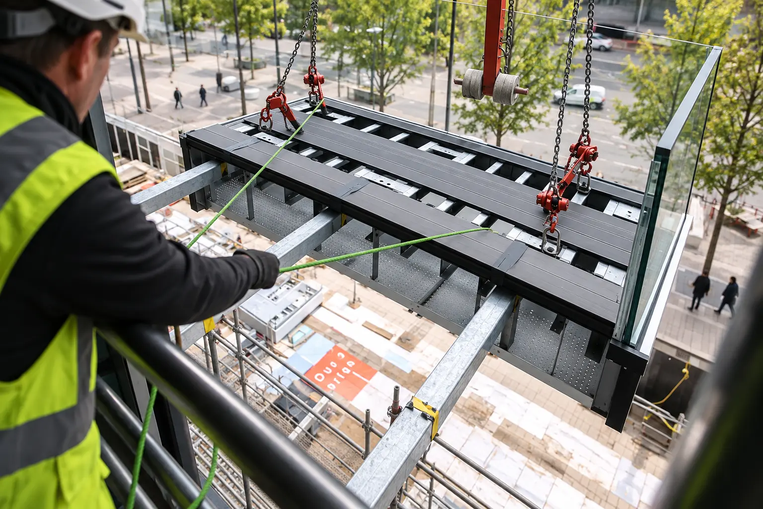 cantilever-prefabricated-balcony-installation Prefabricated cantilever balcony being lifted into position on a building
