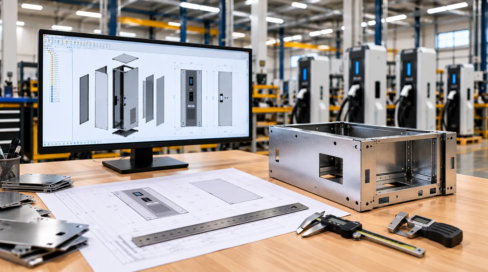 Sheet metal enclosure for EV charging equipment alongside CAD designs, engineering drawings and precision measuring tools in a manufacturing workshop.