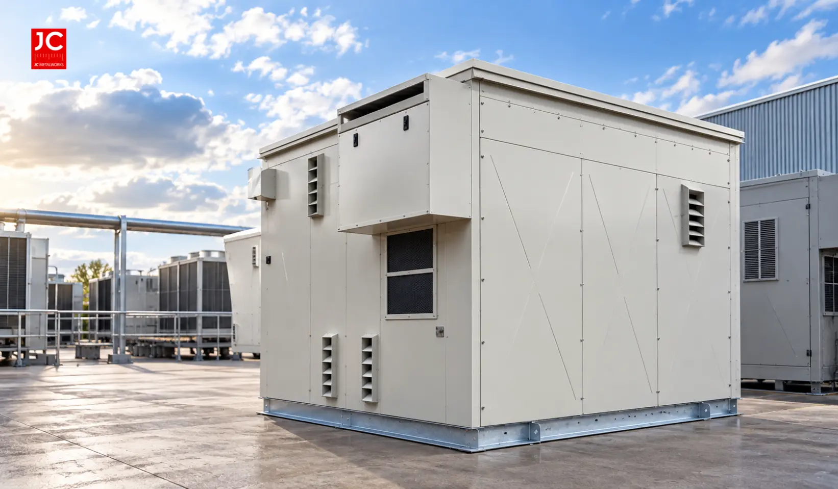 Outdoor HVAC equipment enclosure with ventilation grilles and access panels