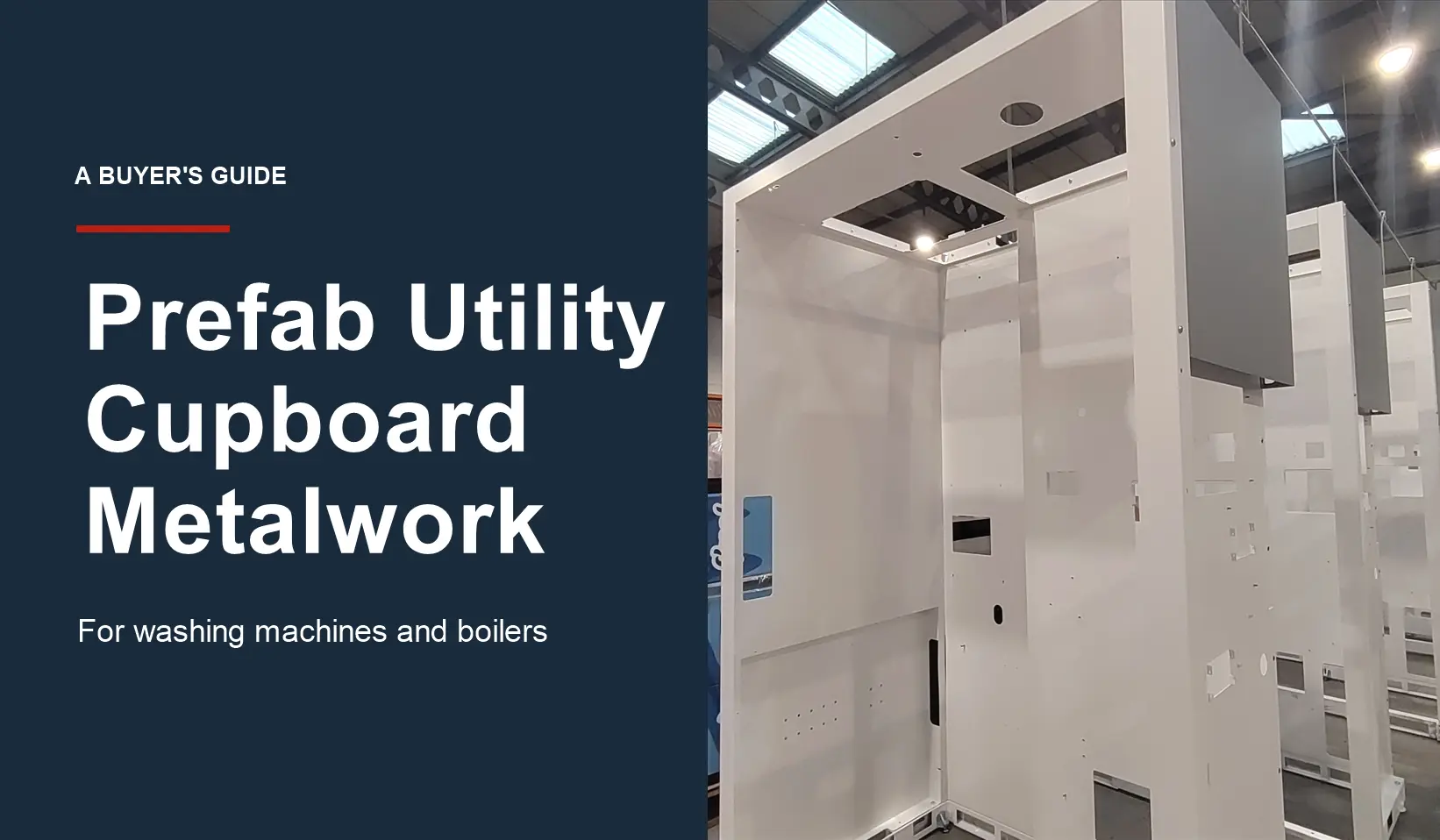 White prefab utility cupboard metal housings with service openings on a factory floor, beside the buyer’s guide title.